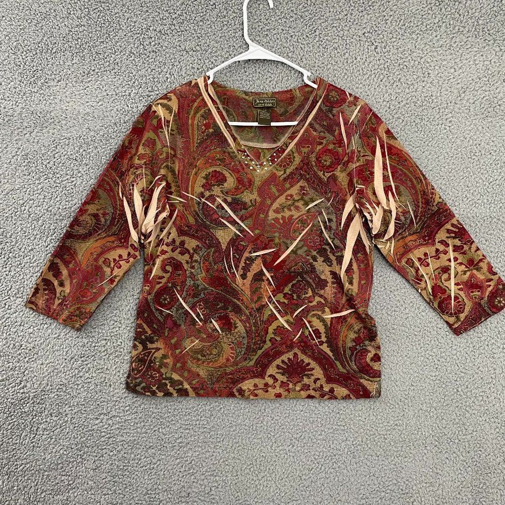 Jane Ashley‎ Women M 3/4 Sleeve Paisley Y2K Top